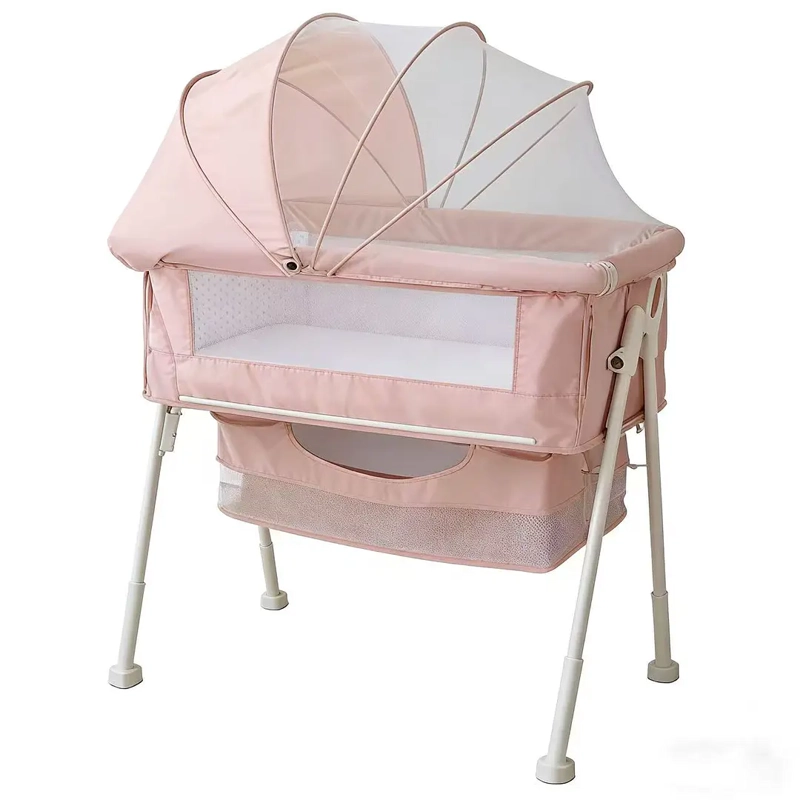 CUNA COLECHO MULTIFUNCIONAL PLEGABLE CON MOSQUITERO Y CANASTO ROSA - 1