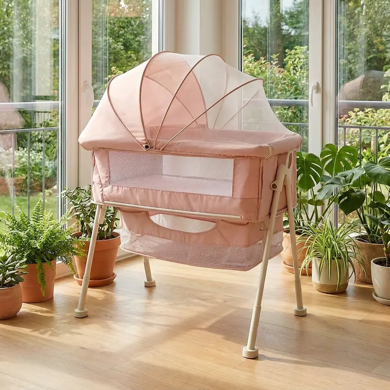 CUNA COLECHO MULTIFUNCIONAL PLEGABLE CON MOSQUITERO Y CANASTO ROSA - 2