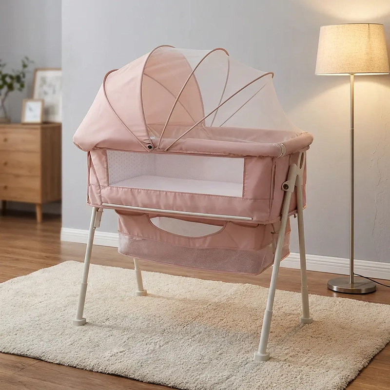 CUNA COLECHO MULTIFUNCIONAL PLEGABLE CON MOSQUITERO Y CANASTO ROSA - 3