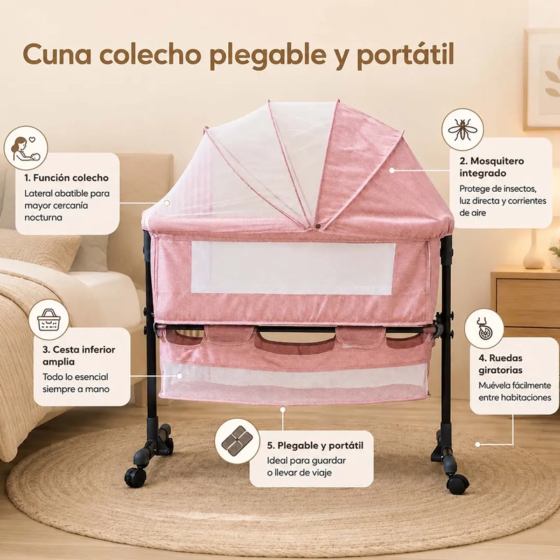 CUNA COLECHO PLEGABLE CON MOSQUITERO ROSA - 6