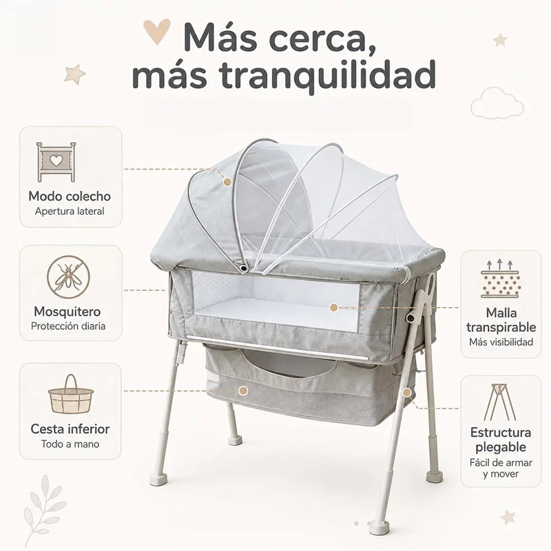 CUNA COLECHO MULTIFUNCIONAL PLEGABLE CON MOSQUITERO Y CANASTO GRIS - 3