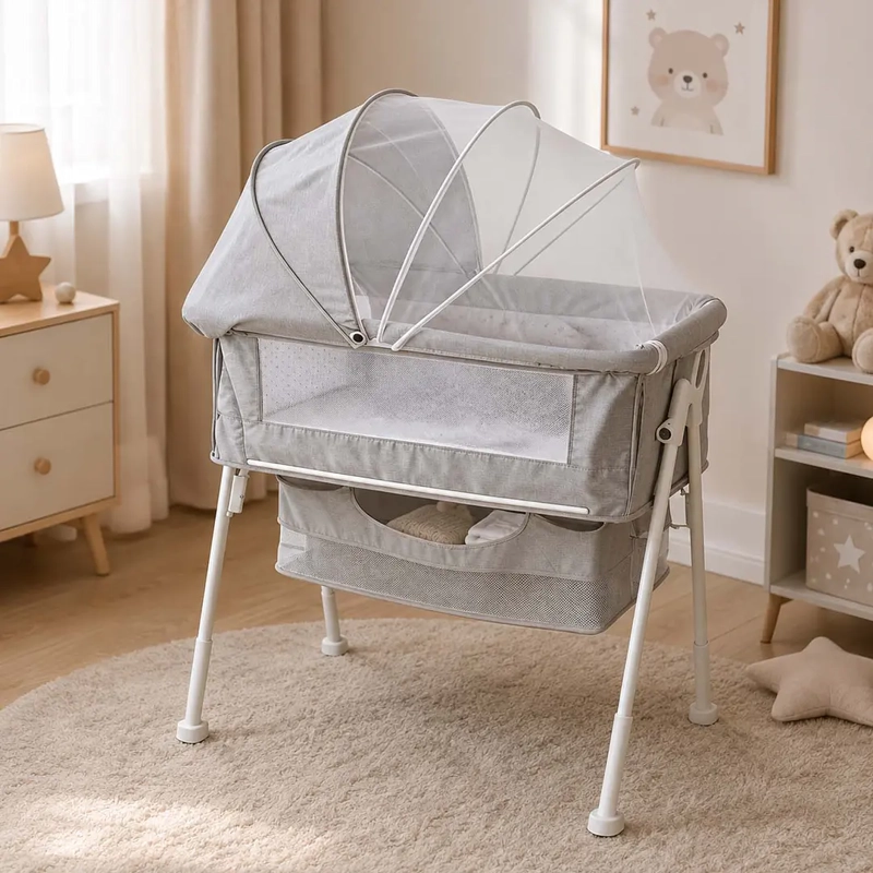 CUNA COLECHO MULTIFUNCIONAL PLEGABLE CON MOSQUITERO Y CANASTO GRIS - 4