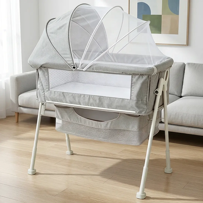 CUNA COLECHO MULTIFUNCIONAL PLEGABLE CON MOSQUITERO Y CANASTO GRIS - 5