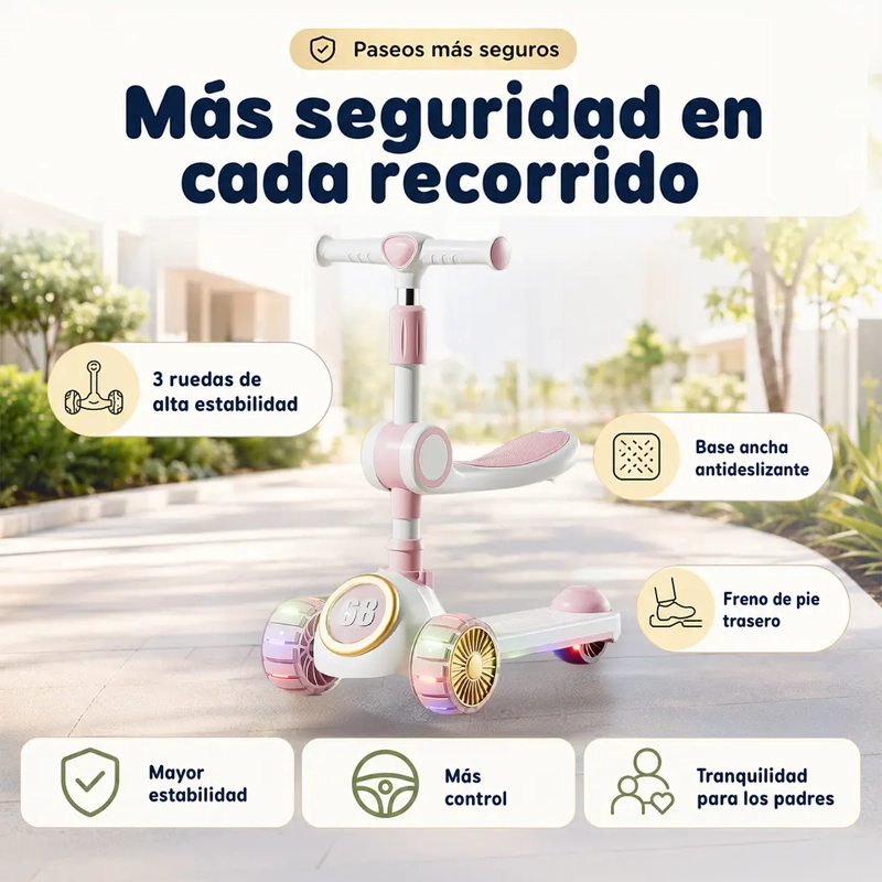 SCOOTER INFANTIL 3 EN 1 ROSADO PLEGABLE CON ASIENTO - 4