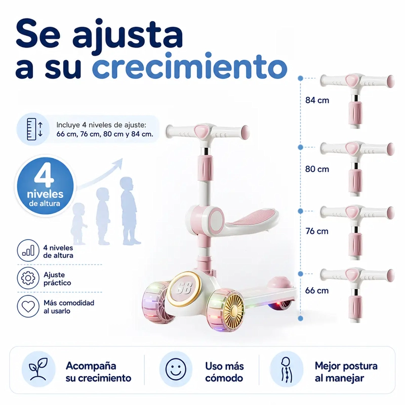 SCOOTER INFANTIL 3 EN 1 ROSADO PLEGABLE CON ASIENTO - 6