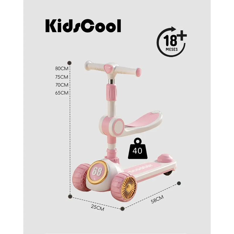 SCOOTER INFANTIL 3 EN 1 ROSADO PLEGABLE CON ASIENTO - 9
