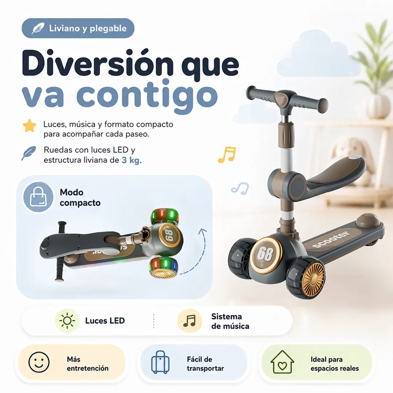 SCOOTER INFANTIL 3 EN 1 GRIS PLEGABLE CON ASIENTO - 5