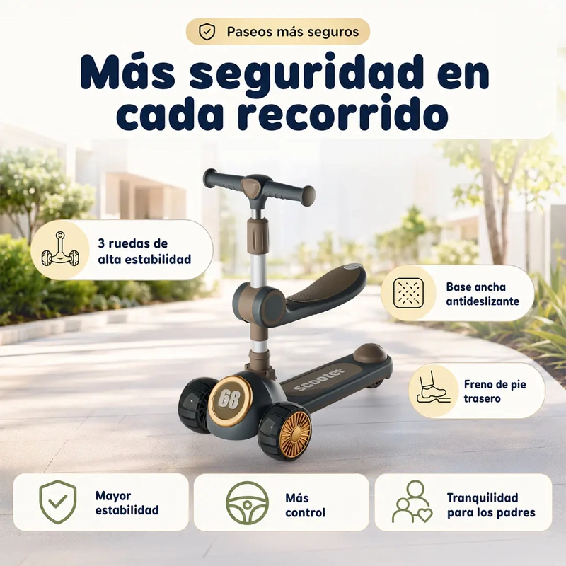 SCOOTER INFANTIL 3 EN 1 GRIS PLEGABLE CON ASIENTO - 6