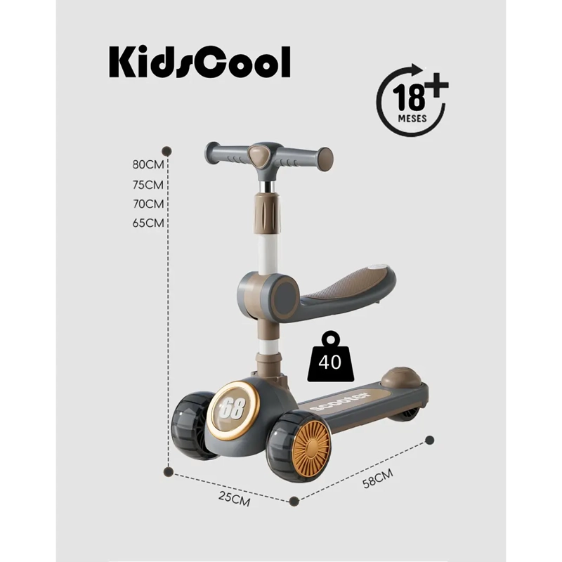 SCOOTER INFANTIL 3 EN 1 GRIS PLEGABLE CON ASIENTO - 7