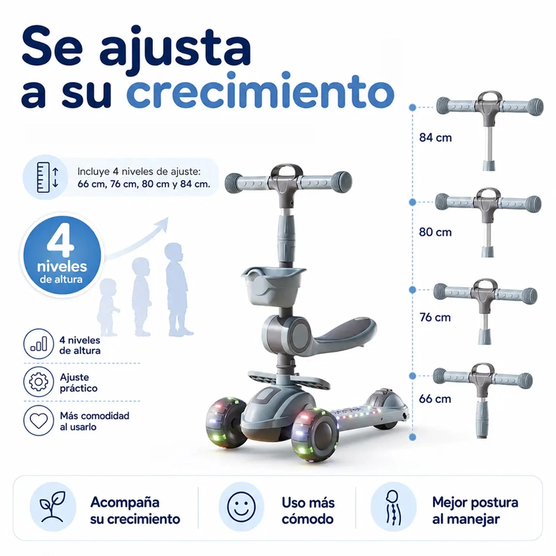 SCOOTER CON ASIENTO LUCES Y MUSICA PLEGABLE 3 EN 1 GRIS - 3