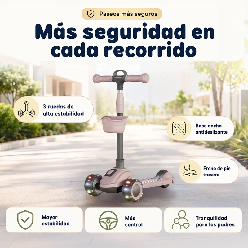 SCOOTER PLEGABLE 3 RUEDAS ROSADO LUCES Y MUSICA - 2