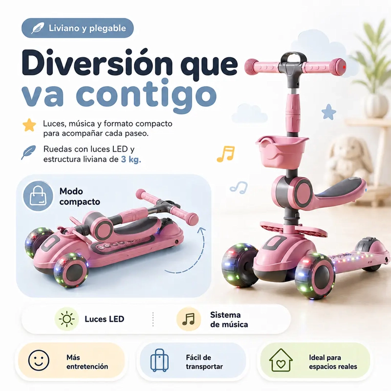 SCOOTER CON ASIENTO LUCES Y MUSICA PLEGABLE 3 EN 1 ROSADO - 2