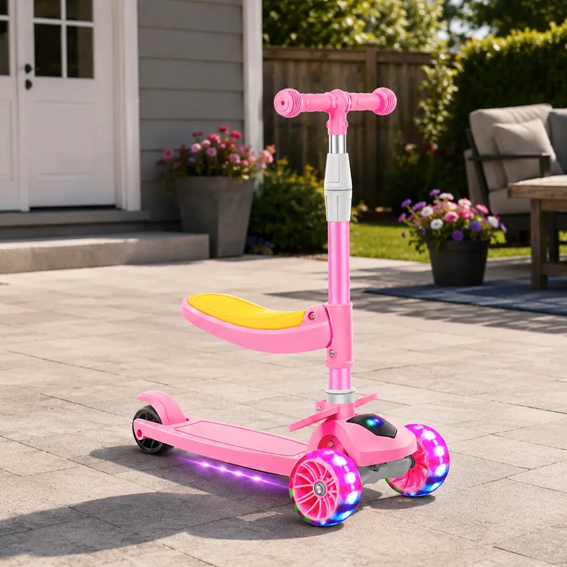 SCOOTER PLEGABLE CON ASIENTO ROSADO MUSICA Y LUCES - 4