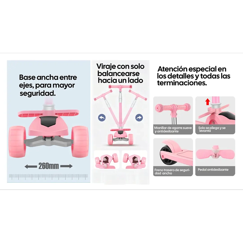SCOOTER PLEGABLE CON ASIENTO ROSADO MUSICA Y LUCES - 6