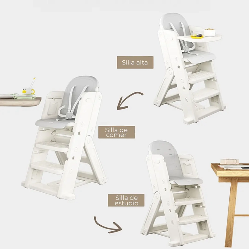SILLA DE COMER ALTA CON ESCALERA INFANTIL CINTURON 3 PUNTAS PLEGABLE CREMA - 4