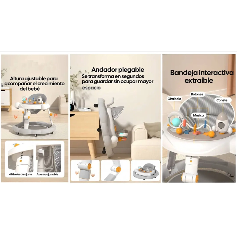 ANDADOR DE BEBE 4 EN 1 ANTIVUELCO PLEGABLE GRIS - 5