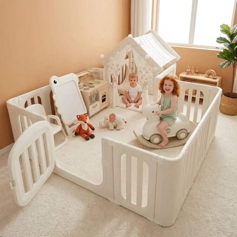CORRAL DE JUEGOS INFANTIL CON CASITA REFUGIO Y PUERTA DE SEGURIDADA 180 X 200CM BEIGE - 3