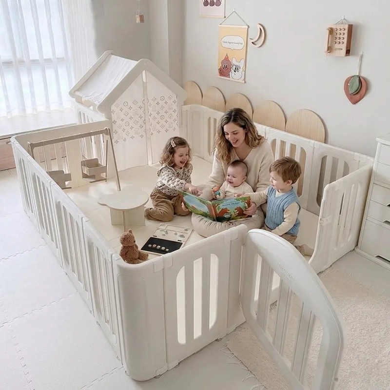 CORRAL DE JUEGOS INFANTIL CON CASITA REFUGIO Y PUERTA DE SEGURIDADA 180 X 200CM BEIGE - 4