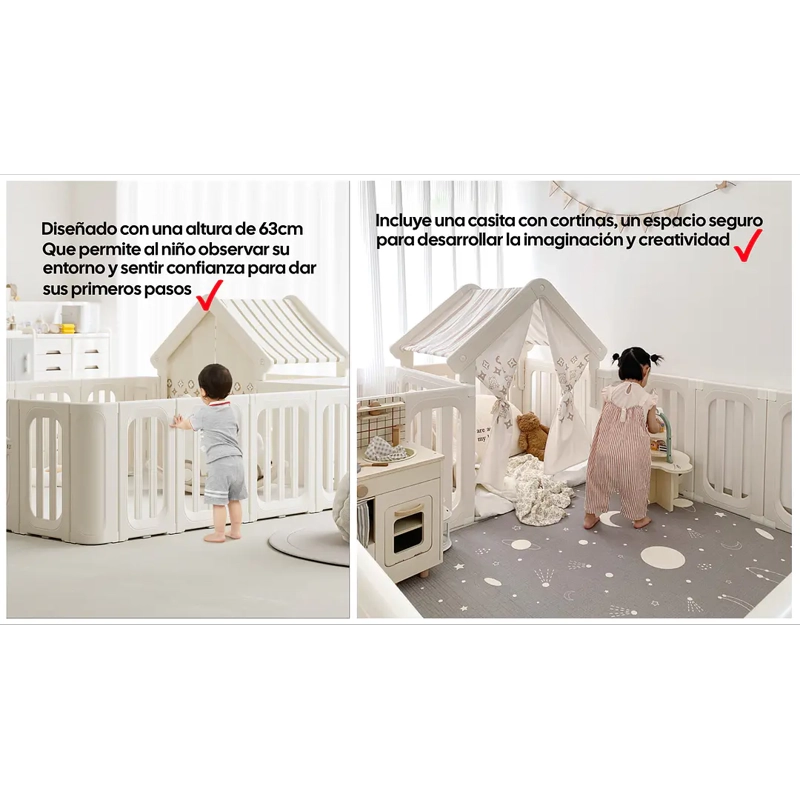 CORRAL DE JUEGOS INFANTIL CON CASITA REFUGIO Y PUERTA DE SEGURIDADA 180 X 200CM BEIGE - 7