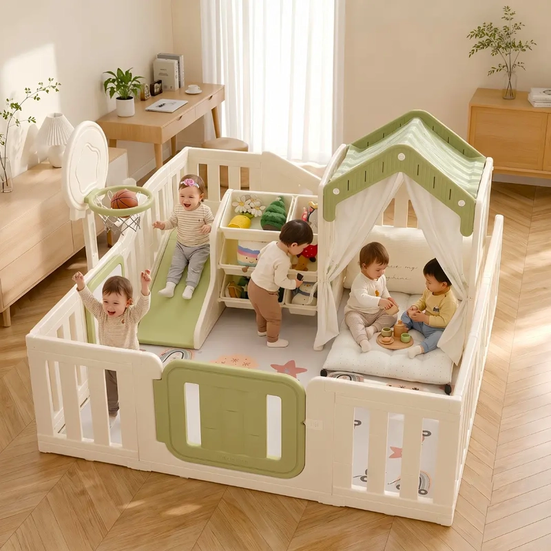 CORRAL 7 JUEGOS INFANTIL CON CASITA Y  CENTRO DE ACTIVIDADES BEIGE - 3