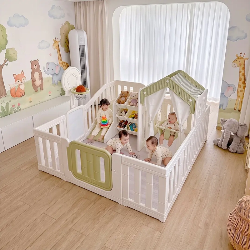 CORRAL 7 JUEGOS INFANTIL CON CASITA Y  CENTRO DE ACTIVIDADES BEIGE - 4