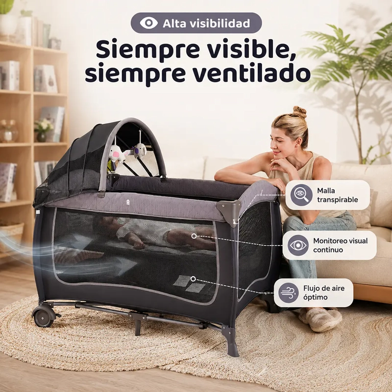CUNA CORRAL PLEGABLE DE VIAJE CON MUDADOR MOSQUITERO Y ORGANIZADOR GRIS - 2