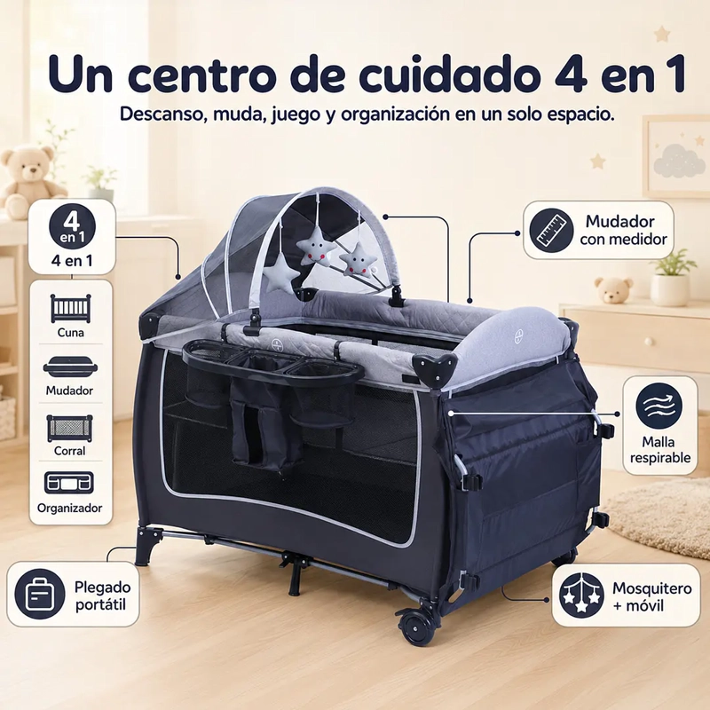 CUNA CORRAL PLEGABLE DE VIAJE CON MUDADOR MOSQUITERO Y ORGANIZADOR GRIS - 3