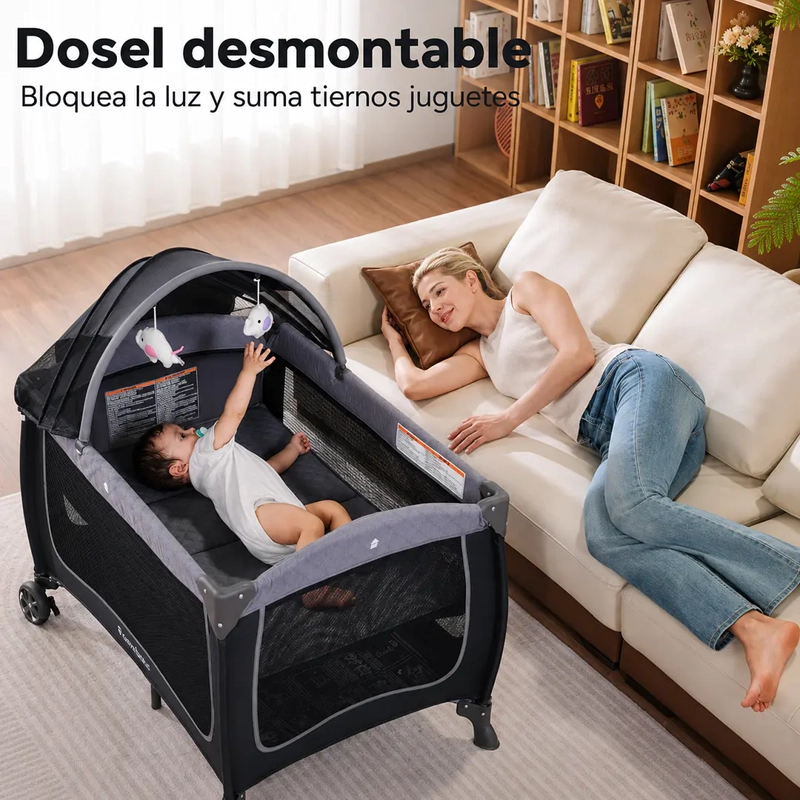 CUNA CORRAL PLEGABLE DE VIAJE CON MUDADOR MOSQUITERO Y ORGANIZADOR GRIS - 4