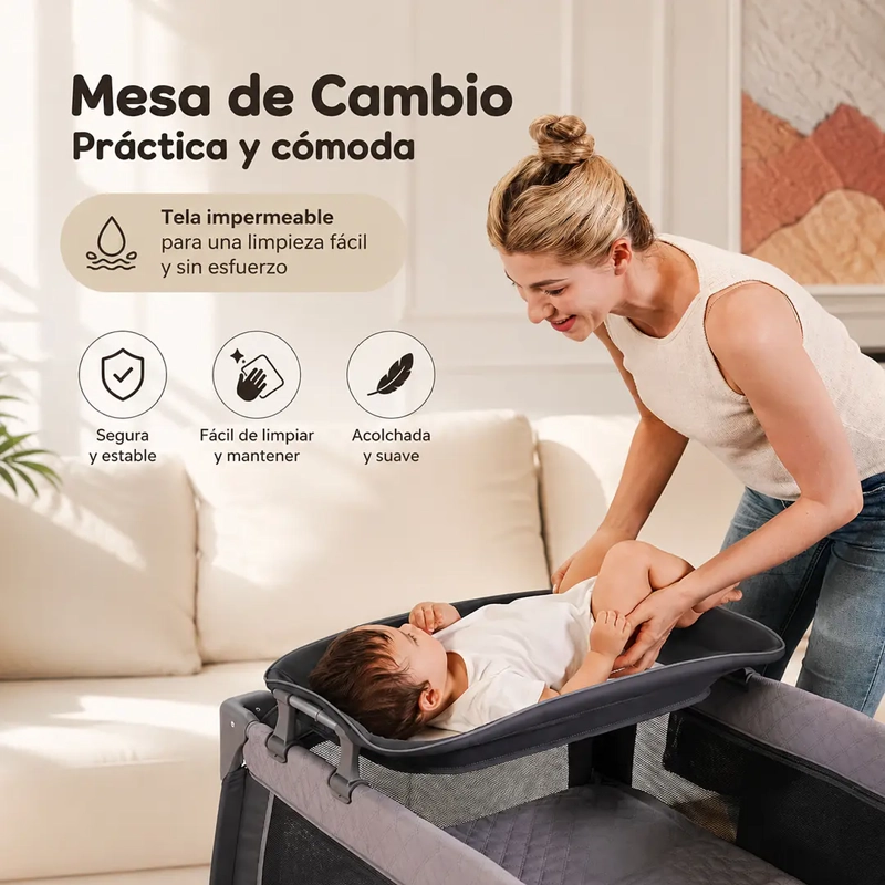 CUNA CORRAL PLEGABLE DE VIAJE CON MUDADOR MOSQUITERO Y ORGANIZADOR GRIS - 8