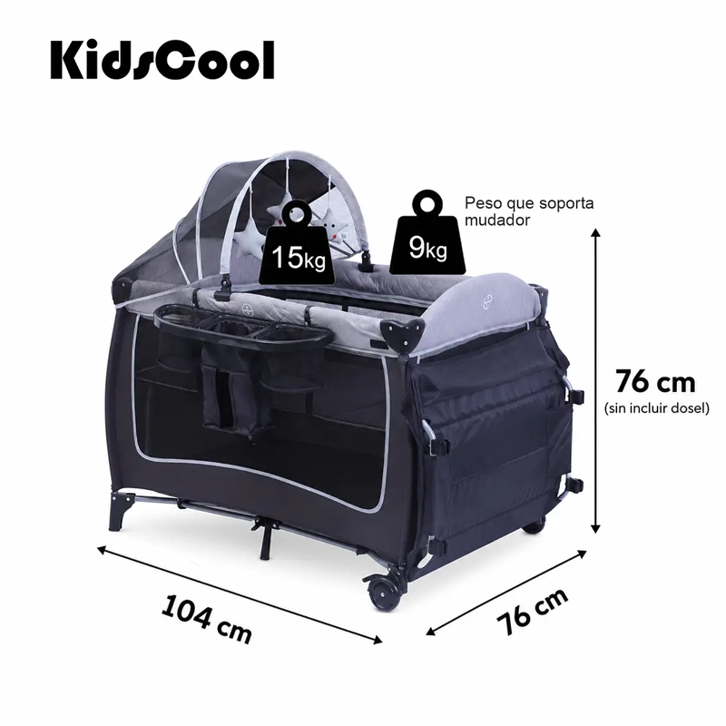 CUNA CORRAL PLEGABLE DE VIAJE CON MUDADOR MOSQUITERO Y ORGANIZADOR GRIS - 9