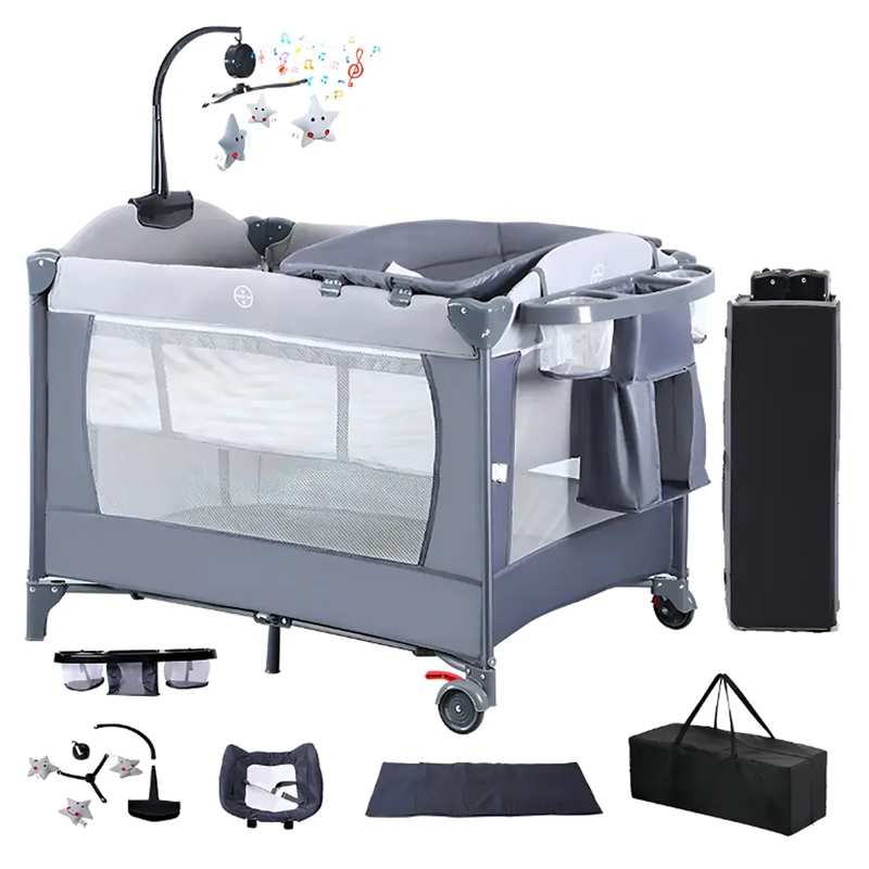CUNA CORRAL COLECHO PLEGABLE CON MUDADOR Y ORGANIZADOR GRIS - 1