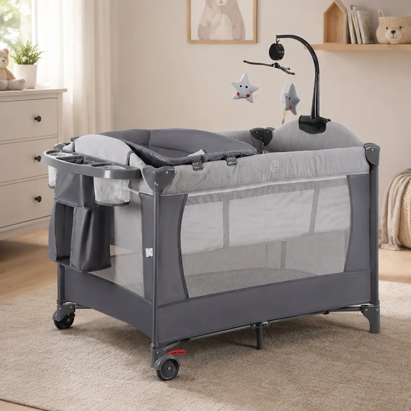 CUNA CORRAL COLECHO PLEGABLE CON MUDADOR Y ORGANIZADOR GRIS - 2