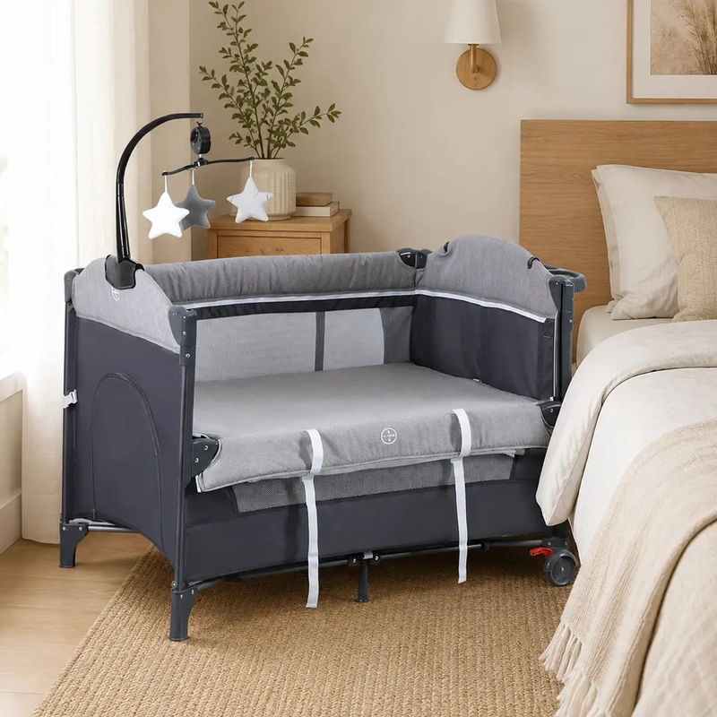 CUNA CORRAL COLECHO PLEGABLE CON MUDADOR Y ORGANIZADOR GRIS - 3