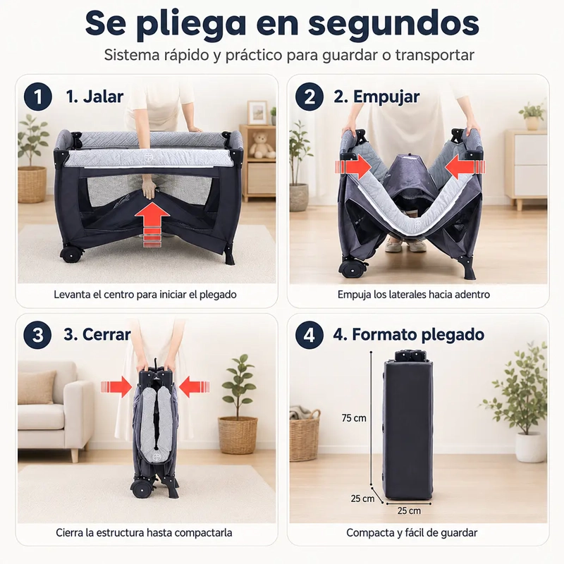 CUNA CORRAL COLECHO PLEGABLE CON MUDADOR Y ORGANIZADOR GRIS - 4