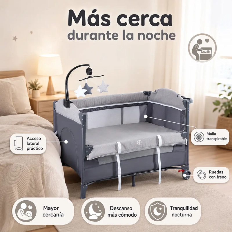 CUNA CORRAL COLECHO PLEGABLE CON MUDADOR Y ORGANIZADOR GRIS - 5