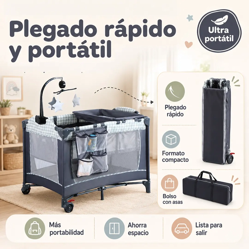 CUNA CORRAL COLECHO PLEGABLE CON MUDADOR Y ORGANIZADOR GRIS - 6