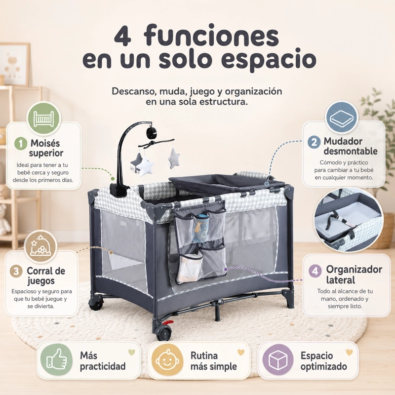 CUNA CORRAL PLEGABLE KIDSCOOL MOVIL JUGUETES Y BOLSO GRIS - 4