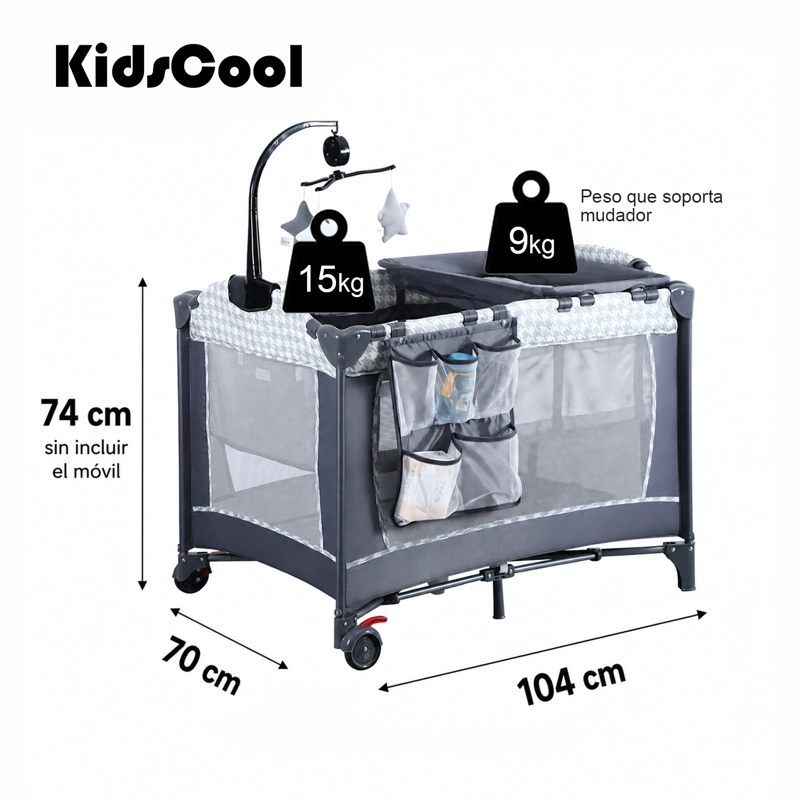 CUNA CORRAL PLEGABLE KIDSCOOL MOVIL JUGUETES Y BOLSO GRIS - 6