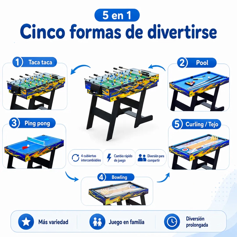 MESA DE JUEGOS PLEGABLE 5 EN 1  TACA TACA POOL PING PONG - 8