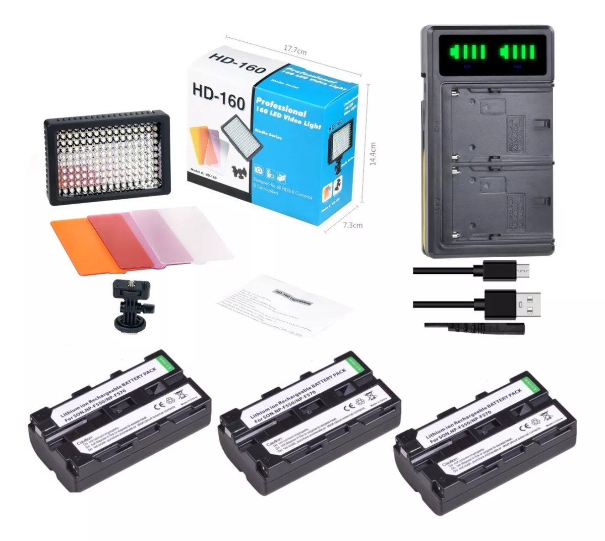 FOCO LED 160 + 3 FILTROS COLORES + CARGADOR + 3 BATERÍAS - 1