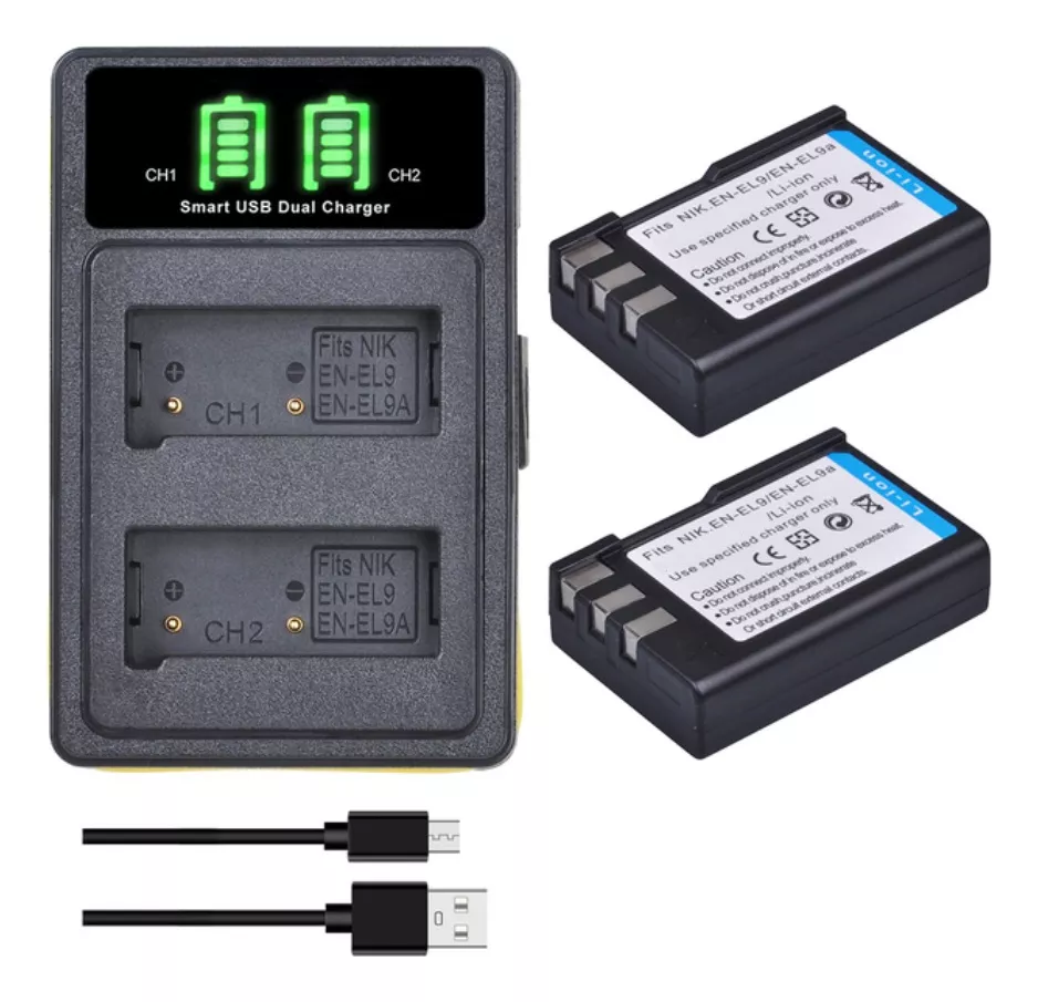 2 BATERÍA ENEL9 EN-EL9A + CARGADOR DOBLE MH-23 ALTERNA NIKON - 1