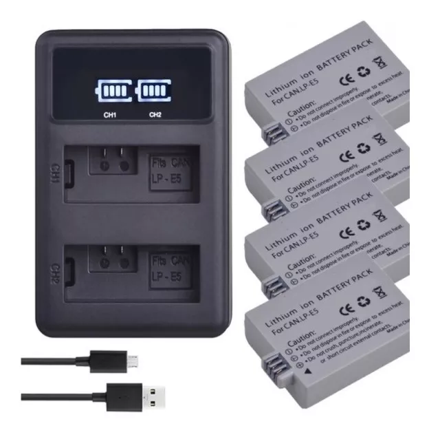 KIT 4 BATERÍAS LP-E5 + CARGADOR DOBLE LC-E5 ALTERNATIVO CANO - 1