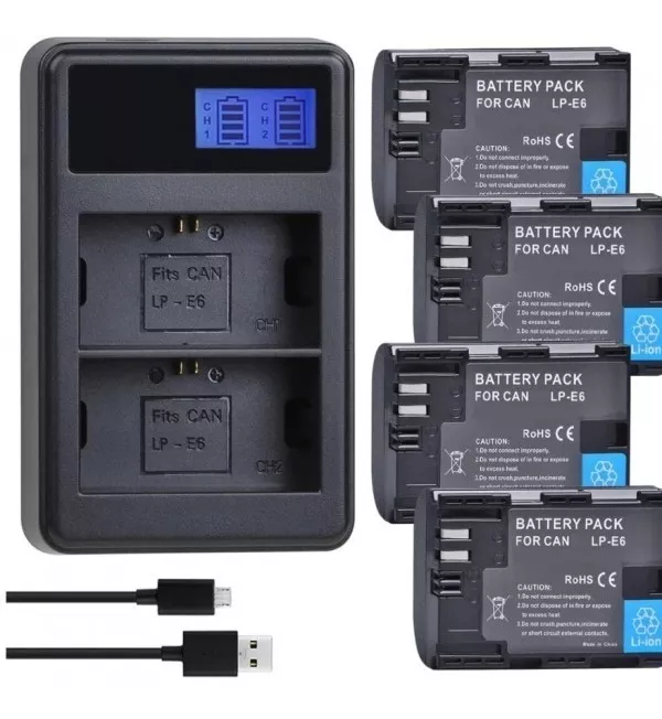 4 BATERÍAS LP-E6 + CARGADOR LC-E6 DOBLE CANON 60D 70D 80D 5D - 1