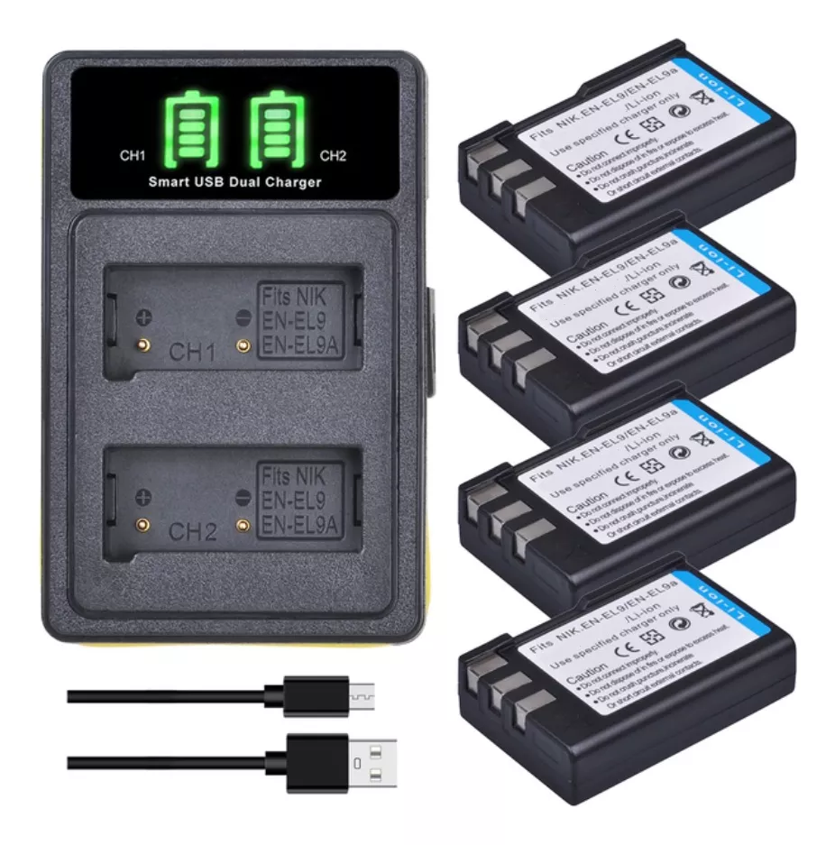 4 BATERÍA ENEL9 EN-EL9A + CARGADOR DOBLE MH-23 ALTERNA NIKON - 1
