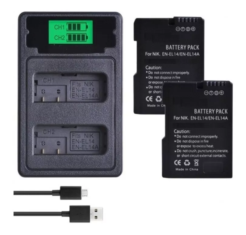 2 BATERÍAS EN-EL14 + CARGADOR DOBLE MH-24 NIKON ALTERNATIVA - 1