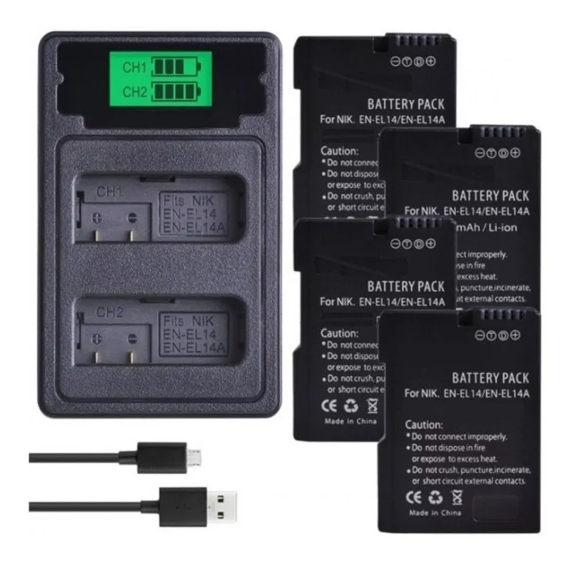 4 BATERÍAS EN-EL14 + CARGADOR MH-24 DOBLE NIKON ALTERNATIVA - 1