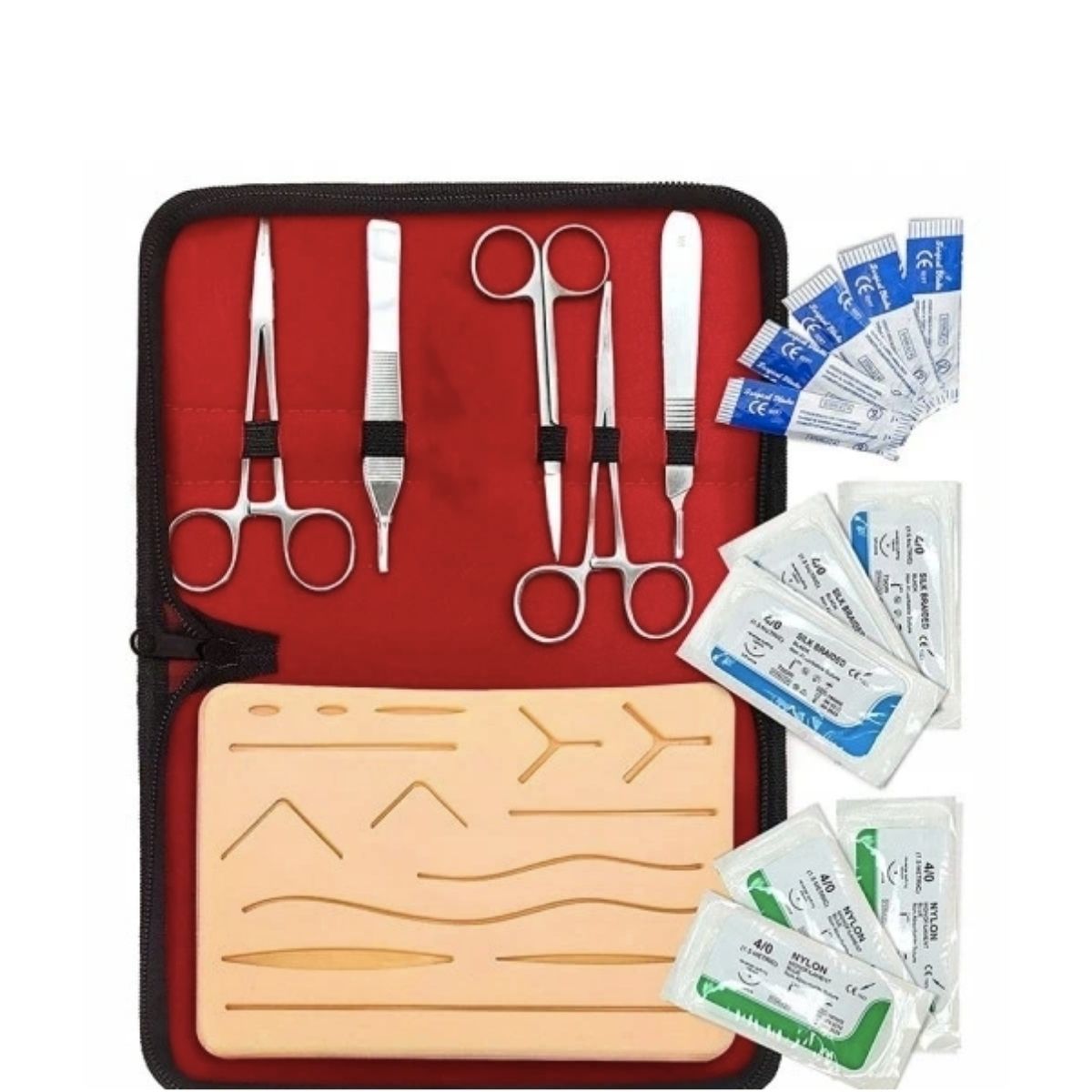 KIT PRÁCTICA SUTURA: PIEL + TIJERAS + PINZAS + SUTURAS - 1