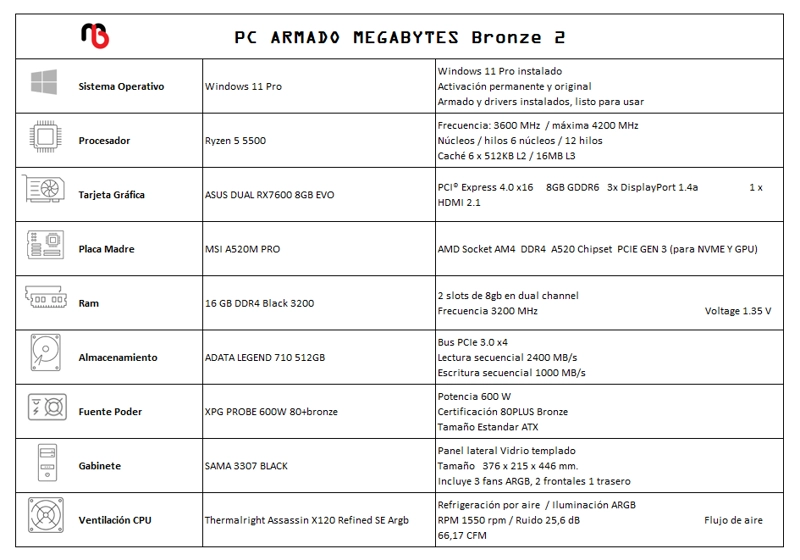 PC Gamer Bronze+ Ryzen 5 5500 / RX 7600 / 16GB 3200 DDR4 / 500GB Nvme - 3