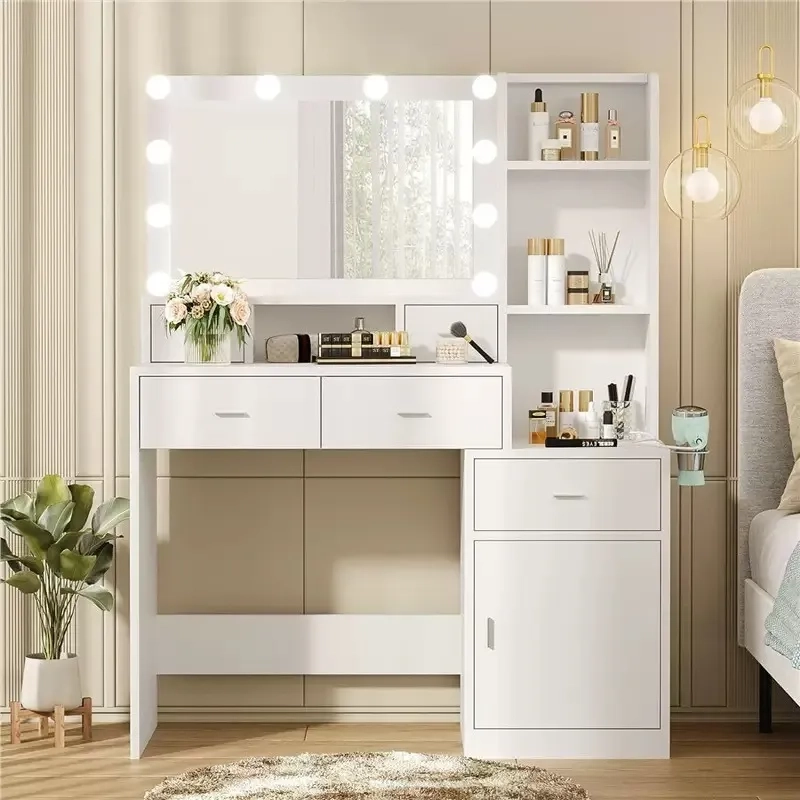 TOCADOR DE MAQUILLAJE MODERNO CON ESPEJO LED Y PORTASECADORA - 1