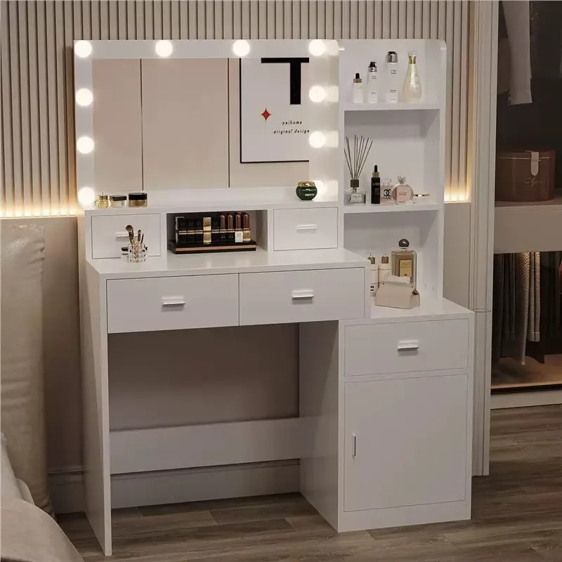 TOCADOR DE MAQUILLAJE MODERNO CON ESPEJO LED Y PORTASECADORA - 2